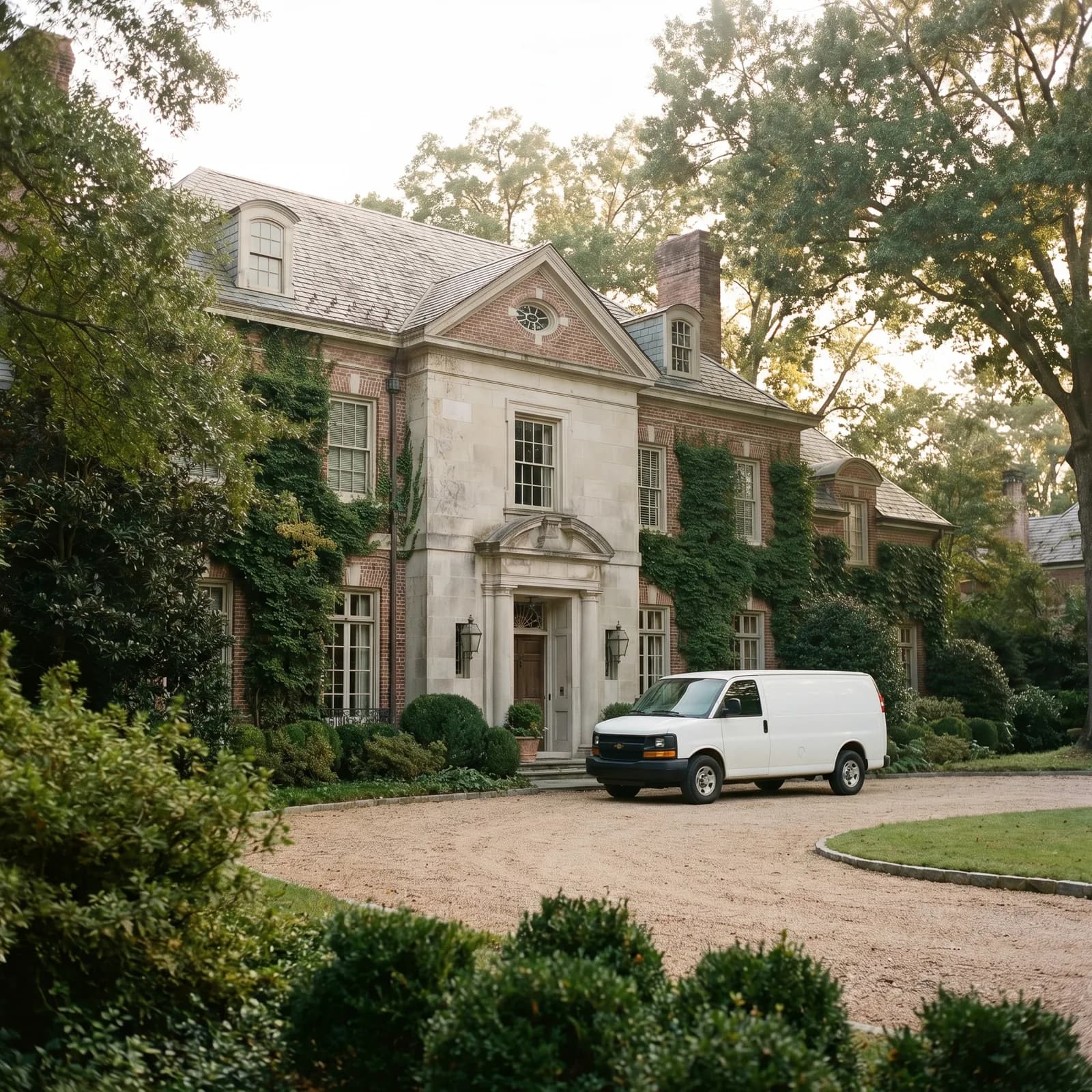 Mountain retreat exterior with heavy stone walls and deep eaves against wooded terrain.