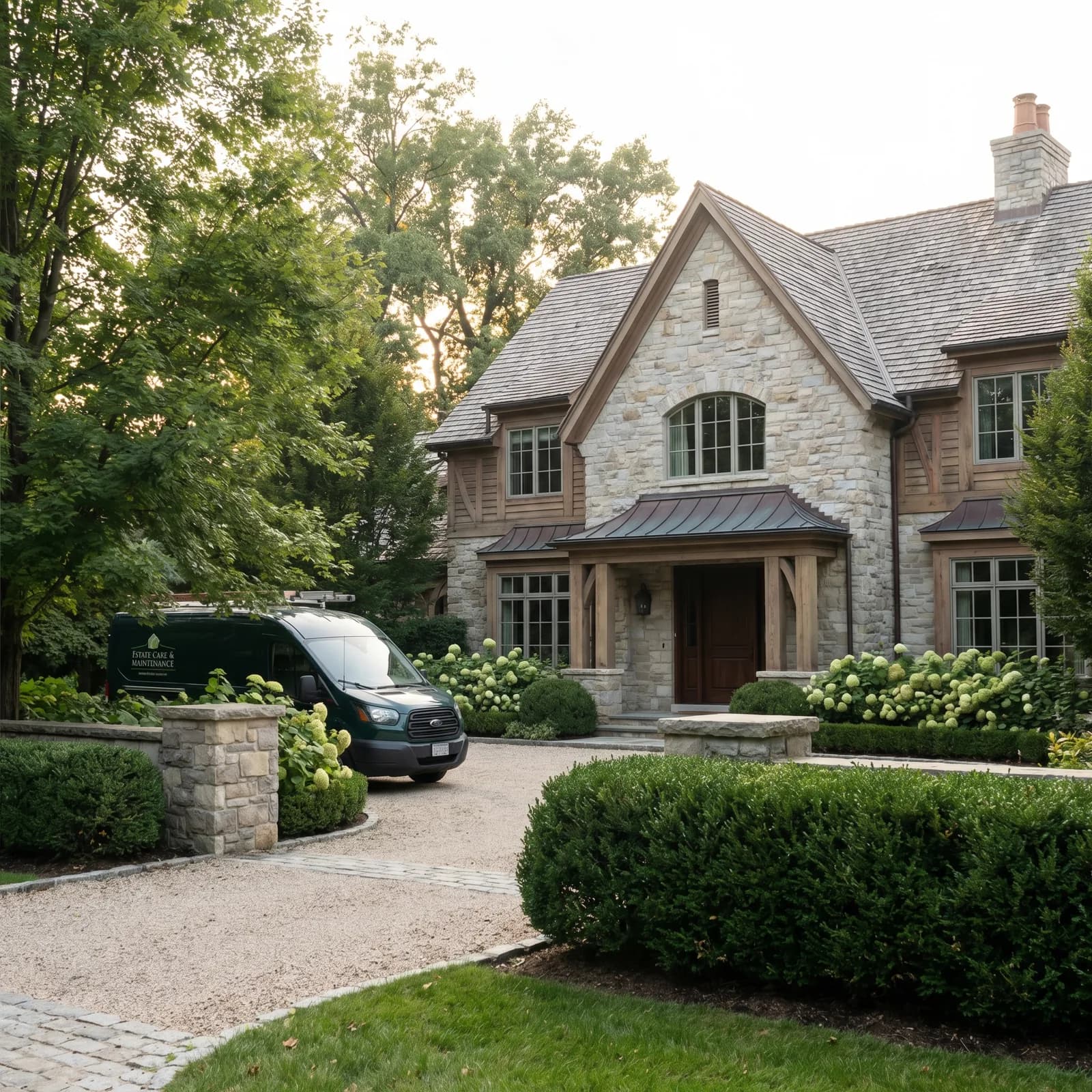 Front elevation of a North Atlanta residence with balanced landscaping and driveway.