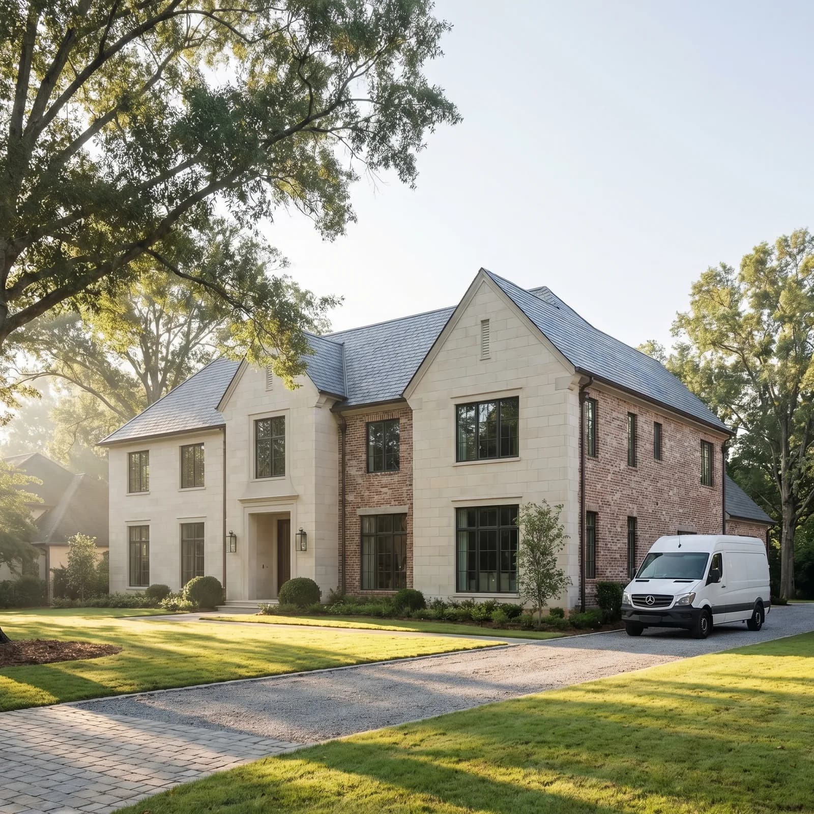 Custom North Georgia home with wide windows and layered rooflines in afternoon light.