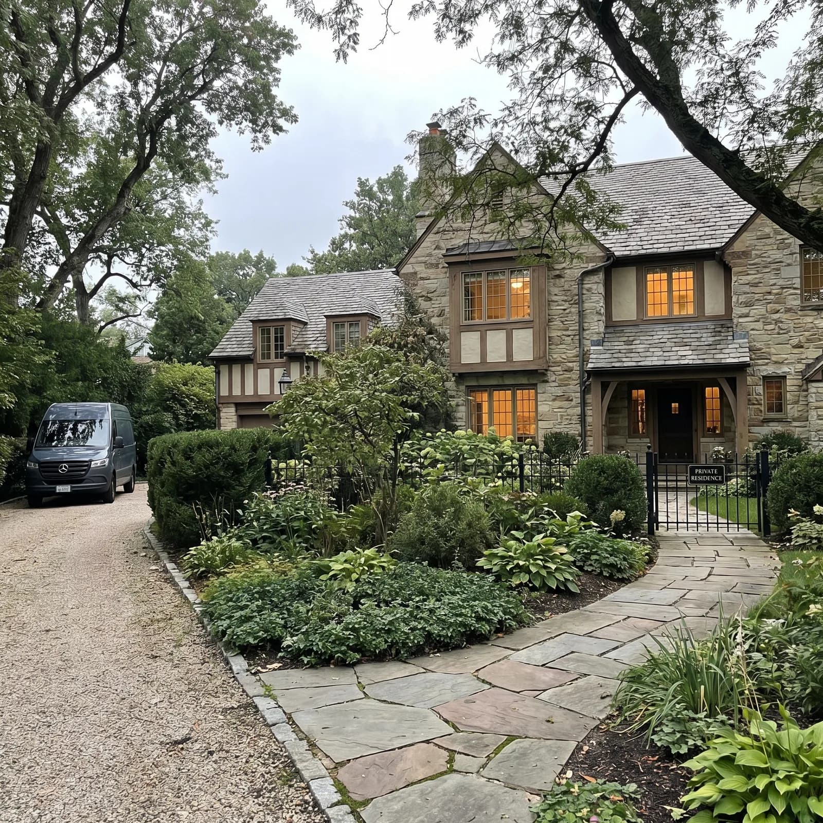 Angled exterior view of a North Georgia estate, stone and rooflines catching daylight.