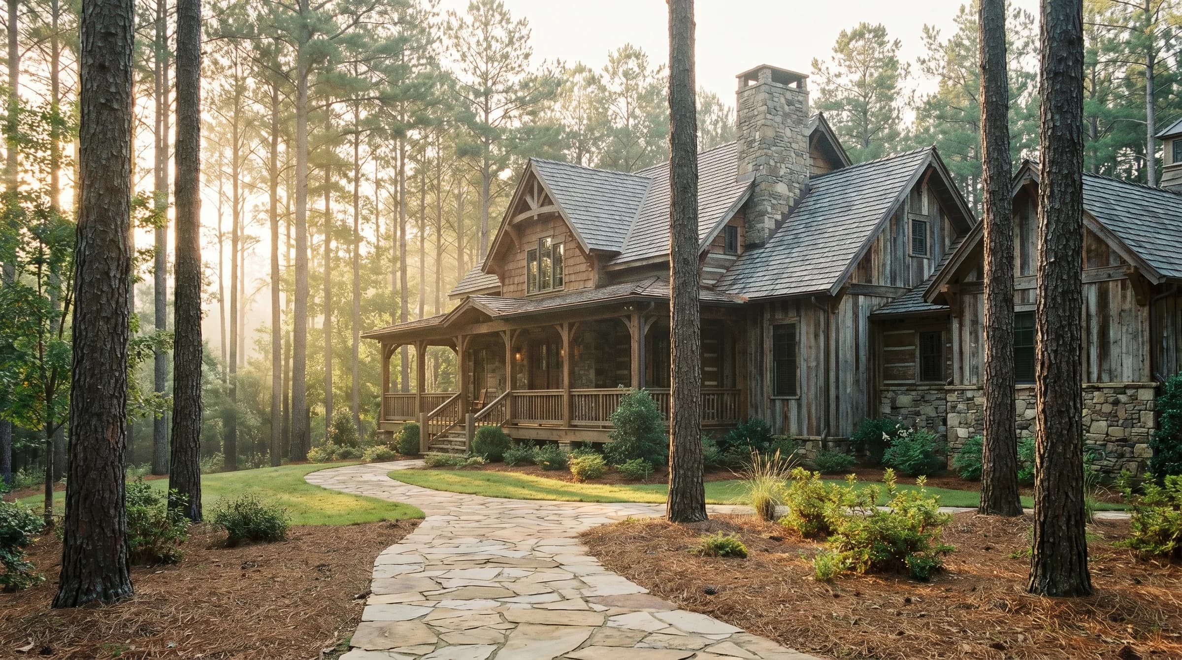 Lake Lanier–area estate seen from the approach, trees framing the home and driveway.
