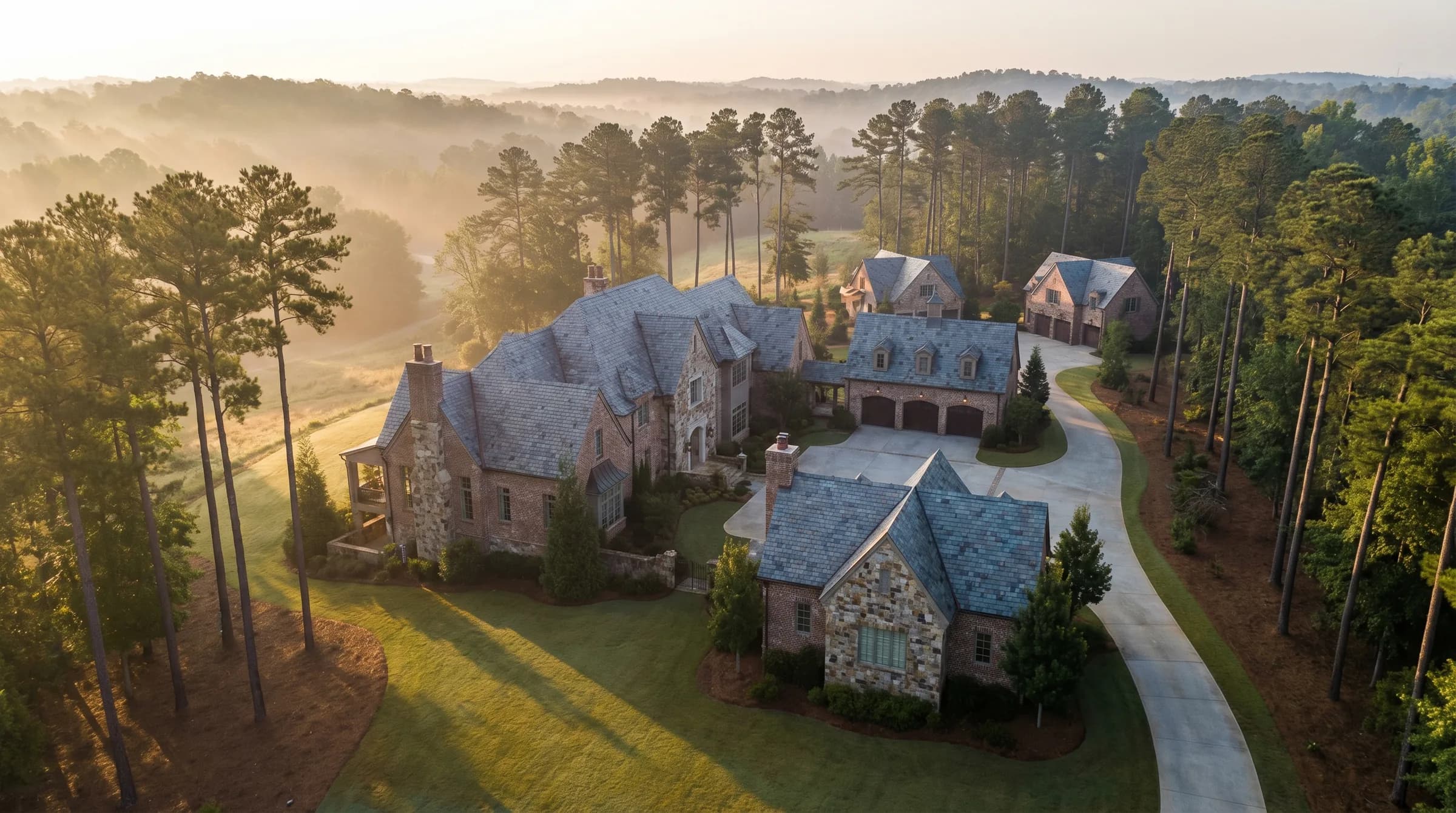 North Atlanta home and terrace gardens in golden-hour light, shrubs and paths leading toward the residence.