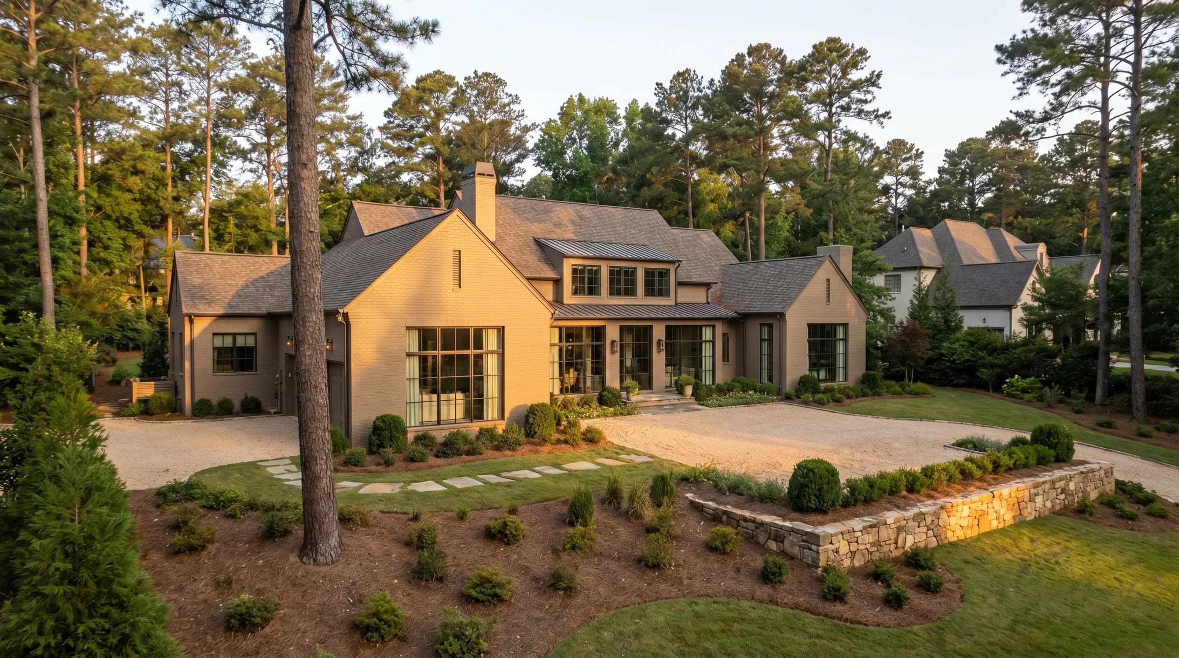 Long driveway curving through trees toward a North Georgia estate, dappled afternoon light on the pavement.