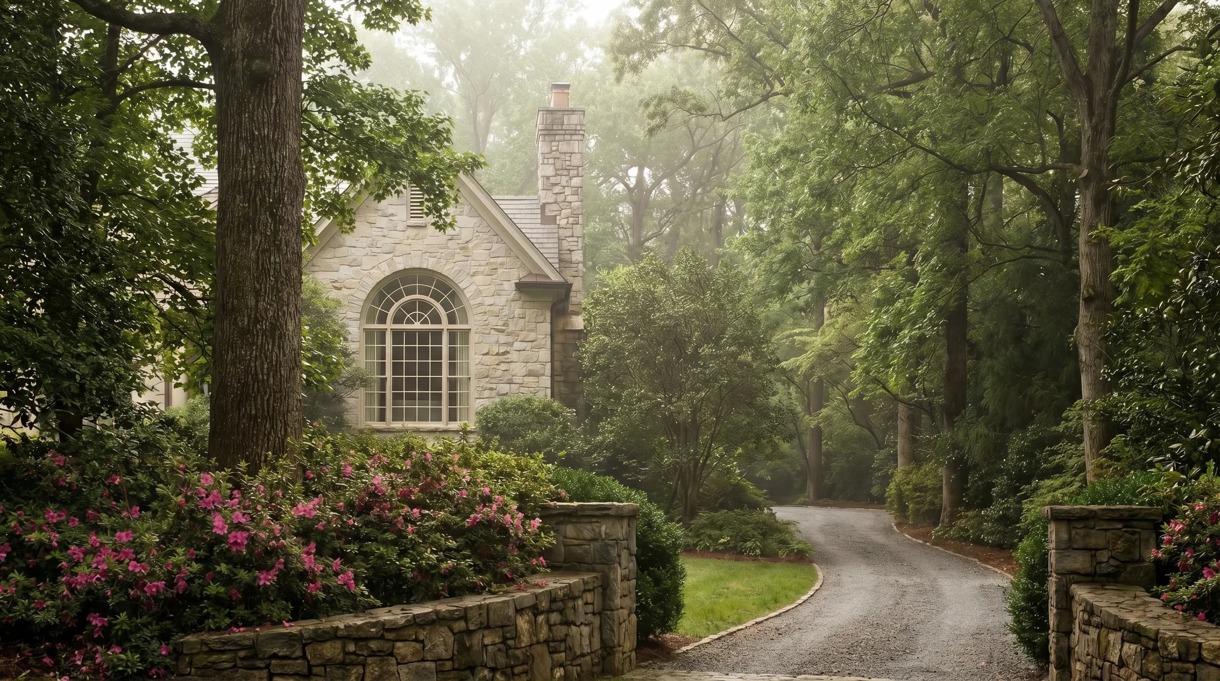 North Georgia mountain ridgelines at dusk behind an estate, with soft evening light on the landscape and warm accent lighting near the home.